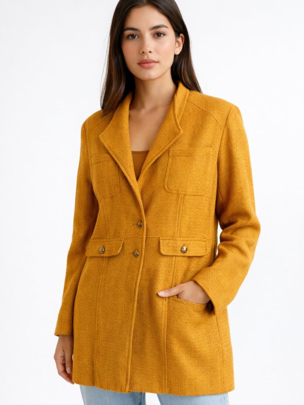 Chico's Jacket Coat Women's‎ Large Petite Textured Mustard Yellow Chicos 2P